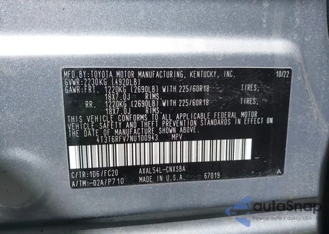 2022 Toyota Rav4 Hybrid Se from USA, damaged, VIN 4T3T6RFV7NU100943